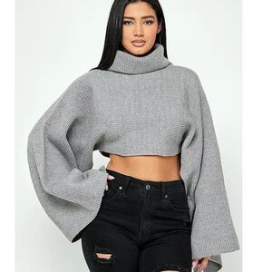 Elegant Turtleneck Bell Sleeve Crop Top